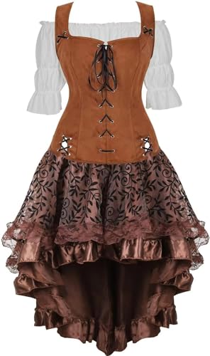 QJIRZB Mittelalterliches Damenkleid-Set, Renaissance, Steampunk, Piratenweste, Wikinger-Kostüm, Mieder, Schnürweste, Cosplay, Braun 7056 White, Größe XL von QJIRZB