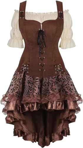 QJIRZB Mittelalterliches Damenkleid-Set, Renaissance, Steampunk, Piratenweste, Wikinger-Kostüm, Mieder, Schnürweste, Cosplay, Coffee65057056khaki, Größe 3XL von QJIRZB