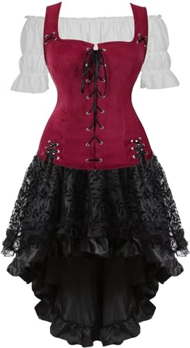 QJIRZB Mittelalterliches Damenkleid-Set, Renaissance, Steampunk, Piratenweste, Wikinger-Kostüm, Mieder, Schnürweste, Cosplay, Weinrot, 6505 Weiß, 3 Stück, XS von QJIRZB