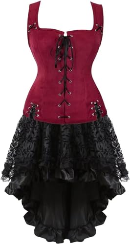 QJIRZB Mittelalterliches Damenkleid-Set, Renaissance, Steampunk, Piratenweste, Wikinger-Kostüm, Mieder, Schnürweste, Cosplay, Weinrot, 6505 Weiß, Größe S von QJIRZB