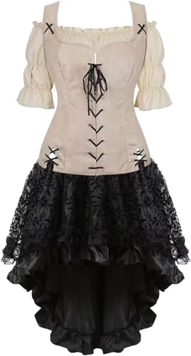 QJIRZB Mittelalterliches Damenkleid-Set, Renaissance, Steampunk, Piratenweste, Wikinger-Kostüm, Mieder, Schnürweste, Cosplay (Beige6505khaki, XXL) von QJIRZB