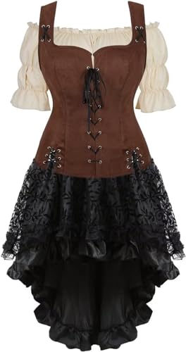 QJIRZB Mittelalterliches Damenkleid-Set, Renaissance, Steampunk, Piratenweste, Wikinger-Kostüm, Mieder, Schnürweste, Cosplay (Coffee6505khaki, M) von QJIRZB