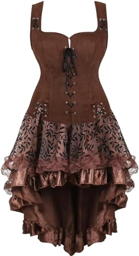 QJIRZB Mittelalterliches Damenkleid-Set, Renaissance, Steampunk, Piratenweste, Wikinger-Kostüm, Mieder, Schnürweste, Cosplay (Coffee6505white, 2er-Set, XXL) von QJIRZB