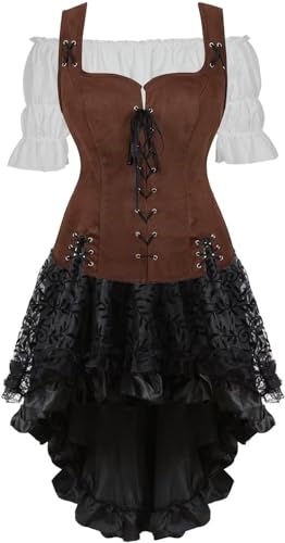 QJIRZB Mittelalterliches Damenkleid-Set, Renaissance, Steampunk, Piratenweste, Wikinger-Kostüm, Mieder, Schnürweste, Cosplay (Coffee6505white, 3er-Set, 3XL) von QJIRZB