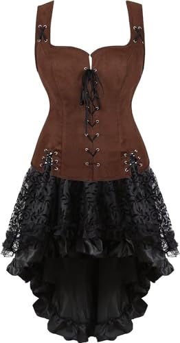 QJIRZB Mittelalterliches Damenkleid-Set, Renaissance, Steampunk, Piratenweste, Wikinger-Kostüm, Mieder, Schnürweste, Cosplay (Coffee6505white, M) von QJIRZB