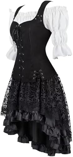 QJIRZB Mittelalterliches Damenkleid-Set, Renaissance, Steampunk, Piratenweste, Wikinger-Kostüm, Mieder, Schnürweste, Cosplay (Schwarz 6505 Weiß, 3 Sets, 3XL) von QJIRZB