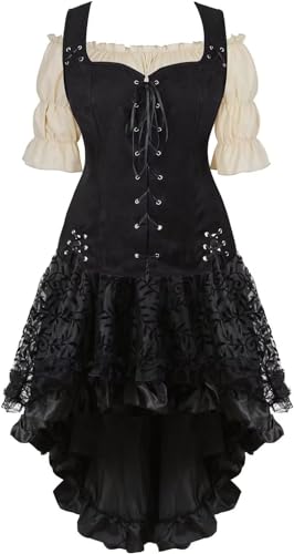 QJIRZB Mittelalterliches Damenkleid-Set, Renaissance, Steampunk, Piratenweste, Wikinger-Kostüm, Mieder, Schnürweste, Cosplay (Schwarz 6505Khaki, L) von QJIRZB