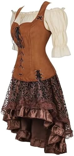 QJIRZB Mittelalterliches Damenkleid-Set, Renaissance, Steampunk, Piratenweste, Wikinger-Kostüm, Mieder, Schnürweste, Cosplay (braun65057056khaki, S) von QJIRZB