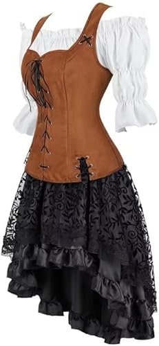 QJIRZB Mittelalterliches Kostüm Damen Kleid Set Renaissance Steampunk Piraten Weste Wikinger Kostüm Mieder Schnürweste Cosplay (Braun6505khaki, L) von QJIRZB