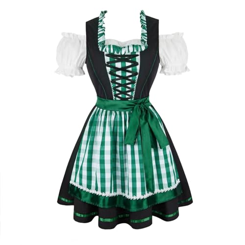 QJIRZB Oktoberfest Outfit Damen Bayerisches Dirndlkleid Fasching Kostüm Halloween 3-teiliges Set Karneval Traditionell (Grünweiß, S) von QJIRZB