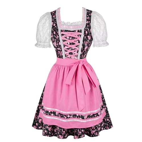 QJIRZB Oktoberfest Outfit Damen Bayerisches Dirndlkleid Fasching Kostüm Halloween 3-teiliges Set Karneval Traditionell (Rosa, M) von QJIRZB