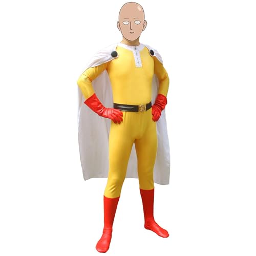 QJIRZB One Punch Man Jumpsuit Cosplay Kostüme Anime Saitama Cosplay Kostüme Jumpsuits mit Umhang Bodysuit Komplettes Set für Halloween Karneval Party (Saitama, M) von QJIRZB