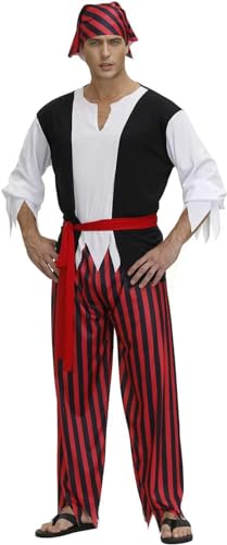 QJIRZB Piratenkostüm für Herren, Halloween, Erwachsene, gestreiftes Hemd, Hose, Stirnband und Gürtel, Set, Outfits, Fasching, Cosplay, Wikinger (Rot, Größe 3XL) von QJIRZB