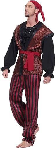 QJIRZB Piratenkostüm für Herren, Halloween, Erwachsene, gestreiftes Hemd, Hose, Stirnband und Gürtel, Set, Outfits, Fasching, Cosplay, Wikinger (Winered, XXL) von QJIRZB