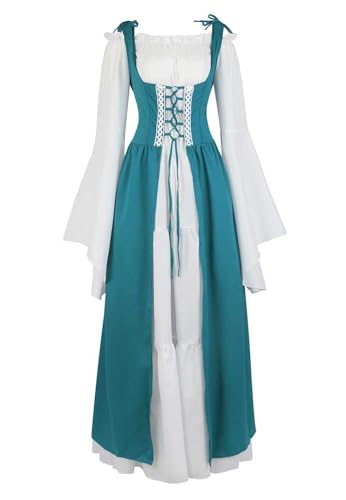 QJIRZB Renaissance-Kostüm für Damen, mittelalterliche Kleider, irisch, über Plue, Größe Deluxe, viktorianisch, Retro, Cosplay (Meeresblau, M) von QJIRZB