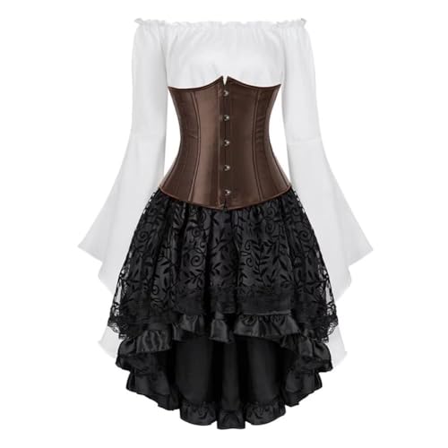 QJIRZB Schwarzes Korsettkleid, Rock mit Tutu, 3er-Set, Unterbrust, Übergröße, Gothic-Piratenkostüm, Halloween, Braun, Größe 5XL von QJIRZB