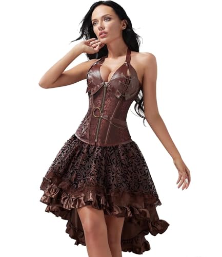 QJIRZB Steampunk Korsettkleid, Oberteil, Set, Übergröße, Bustier-Outfit, Vintage, Schnürung, Gothic-Piratenkostüm (Brown8105, 5XL) von QJIRZB