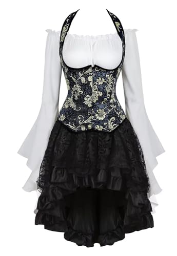 QJIRZB Unterbrustkorsett, Kleid, Oberteil, Trägerrock mit Tutu, 3er-Set, Übergröße, Vintage-Stil, Schnürung, Gothic-Kostüm, Halloween (Schwarzweiß, 3 S), 3 Stück von QJIRZB