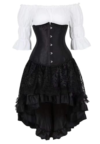 QJIRZB Unterbrustkorsett, Kleid, Rock, Bluse, 3-teiliges Damen-Bustier, Gothic-Spitze, Korsett, Halloween-Kostüme, Schwarz (7055, 3-teiliges Set, 4XL) von QJIRZB