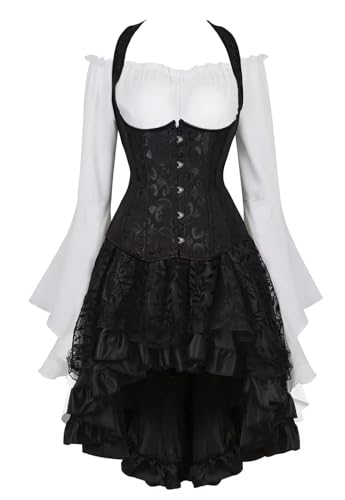 QJIRZB Unterbrustkorsett für Damen, Rock mit Tutu, 3er-Set, Übergröße, Vintage-Stil, Schnürung, Gothic-Kostüm, Halloween, Schwarz (Schwarzweiß, 3 Set, 4XL) von QJIRZB