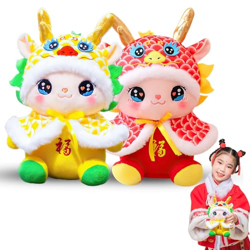 Drache Plüschpuppe Spielzeug Chinesisches Neujahr Glücksplüschtier, Niedliches Jahr des Drachen Plüschtier Drachen Maskottchen für Kinder Frühlingsfest Dekoration Geburtstagsgeschenk (Red+Yellow) von QKTYB