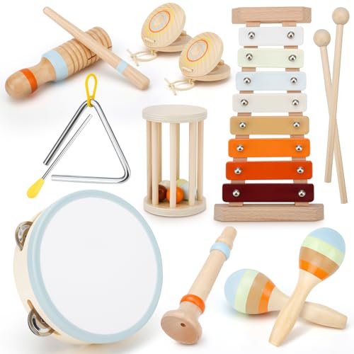 Kleinkind-Musikinstrumente, Musikspielzeug für Kleinkinder ab 3 Jahren, Montessori-Holz-Percussion-Set, Kinder-Musikinstrumente, Orff-Instrumente mit Xylophon, Tamburin-Maracas für Kinder, von QLRR