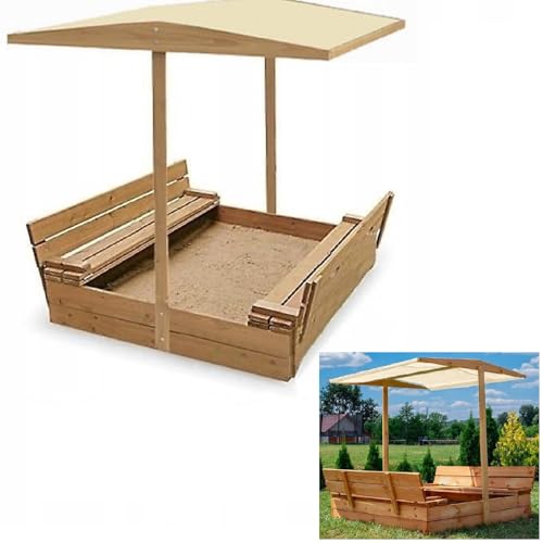 Sandkasten aus Holz mit Sitzbank Dach Sandbox 150x150 cm Sandkiste Imprägniert Beige von QLS