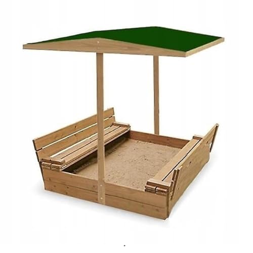 Sandkasten aus Holz mit Sitzbank Dach Sandbox 150x150 cm Sandkiste Imprägniert Grün von QLS