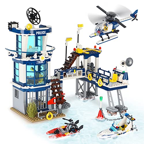 QLT City Polizeistation Polizei Spielzeug,City Polizei Klemmbausteine Bausteine mit Hubschrauber,Schiff,565PCS Geschenk für Jungen Mädchen Alter 6-12 von QLT QIAOLETONG