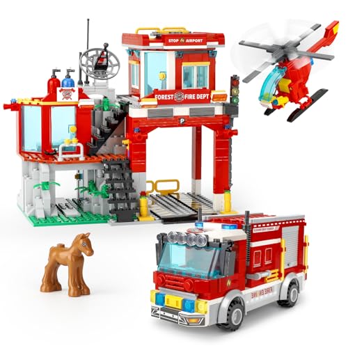 QLT City Wald Feuerwehr Spielzeug Klemmbausteine Baustein?Mit Feuerwehrauto/Hubschrauber/Pferd Geschenk für Kinder Jungen Mädchen Alter 6 7 8 9 10 11+ Jahren 776PCS von QLT QIAOLETONG