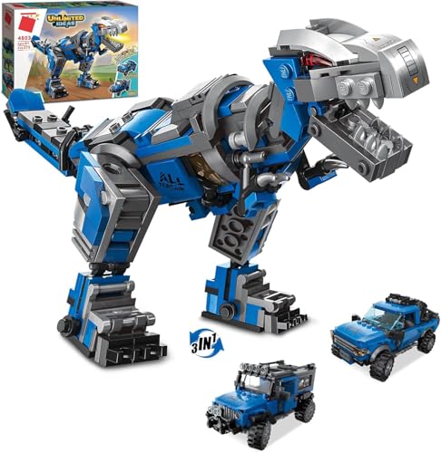 QLT QIAOLETONG Creator 3 in 1 Bausteine für Kinder Klemmbausteine Jurassic Dinosaurier Mechanischer T-Rex/Pickup/Geländewagen Spielzeug Geschenk für Technik ab 4-8+ Jahre(375PCS) von QLT QIAOLETONG