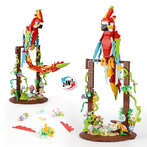 2 in 1 Blume Papagei Bausteine Set 360° drehbar,Kompatibel mit Lego Tiere,Kreative exotische Tiere Bausteine,deko Geschenk für Erwachsene und Mädchen ab 8-16+(Rot,630 PCS) von QLT QIAOLETONG