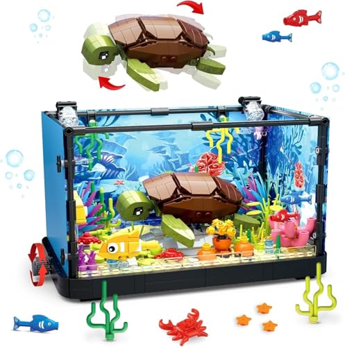 QLT Aquarium Turtle Fish Tank Ideas Bauspielzeug mit LED LichtAquarium klemmbausteine deko bausteine Geschenk für Erwachsene und Jungen Mädchen ab 8-12 Jahren(625PCS) von QLT QIAOLETONG