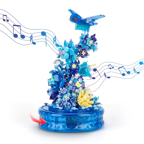 QLT Blaue Blumen Vogel Musikbox Bausatz mit LED Licht, Kompatibel mit Lego Blumen Tiere，Rotierende Spieluhr klemmbausteine Baustein, Deko Geschenk für Mädchen 6-12 und Erwachsene (636+PCS) von QLT QIAOLETONG