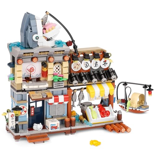 Japanisch Straßenansicht Fischladen Haus Mini Bausteine, MOC Creative STEM Japanisch Toys Friends mädchen Model Set, 790 PCS Klemmbausteine Haus Toy Gift (Nicht Kompatibel Mit Gängigen Marken) von QLT QIAOLETONG