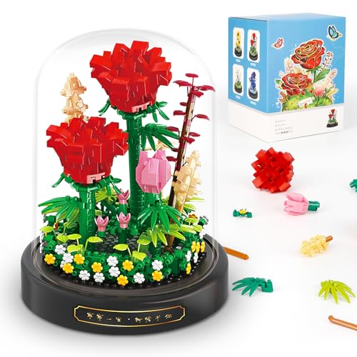 QLT Rote Rosen Blumen Micro Mini Baustein Set, Blumen Klemmbausteine mit Staubdichter Kuppel und Sockel, Geschenk für Mädchen ab 6 Jahren und Erwachsene (593 PCS) von QLT QIAOLETONG