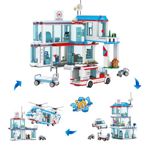 QLT QIAOLETONG City Krankenhaus 3 in 1 Baustein Set, kompatibel mit Lego Krankenhaus, inklusive Rettungs Hubschrauber, Anhänger und Trage, STEM Geschenke für 6-12+ Jahre alte Jungen Mädchen von QLT QIAOLETONG