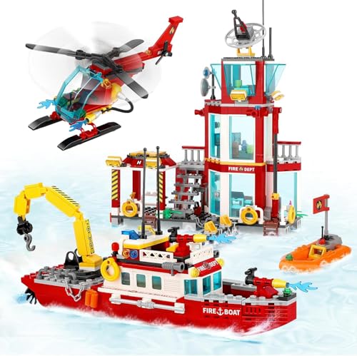 QLT City Marine Feuerwehr Spielzeug Klemmbausteine Baustein,City Feuerwehr Mit Hubschrauber/Rettungsschiff/Rettungsboot Geschenk für Kinder Jungen Mädchen Alter 6-11+ Jahren 779PCS von QLT QIAOLETONG