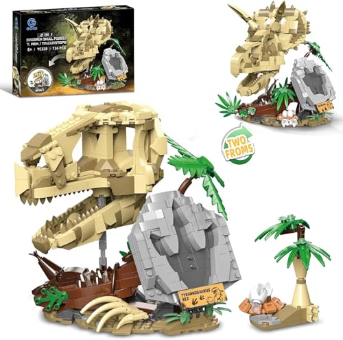 QLT QIAOLETONG Dinosaurier Skull Fossils 2in1 T. rex, Triceratops Klemmbausteine Bausteine, Kompatibel Mit Lego Dino Skeleton Model Skull Fossils Bausteine für Jungen und Mädchen 8-14 (714PCS) von QLT QIAOLETONG