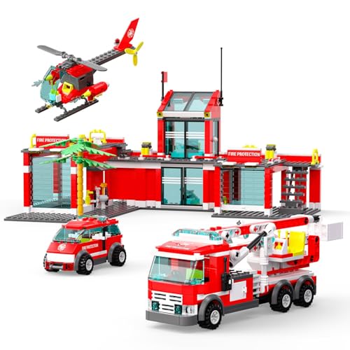 QLT City Feuerwehr Spielzeug Klemmbausteine 3in1 Baustein,City Feuerwehr Mit Hubschrauber/Feuerwehrauto/Geschenk für Kinder Jungen Mädchen Alter 6-11+ Jahren 774PCS von QLT QIAOLETONG