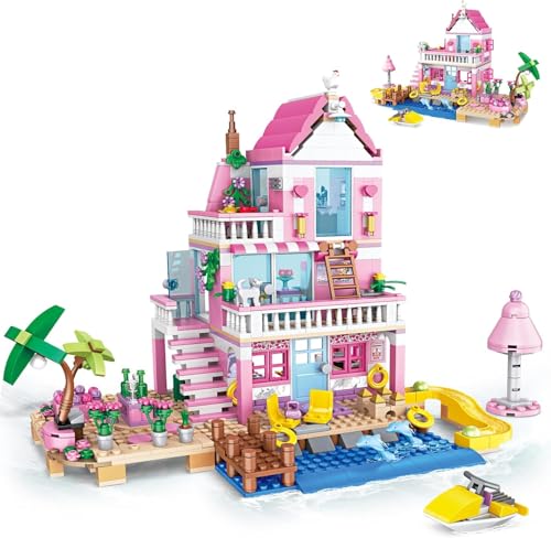 QLT QIAOLETONG Friends Pink Seaside Beach Villa Klemmbausteinen Haus Konstruktionsspielzeug,Friends Mädchen Haus Geschenk für Mädchen 8–18 und Erwachsene Liebhaber von Baust 822PCS von QLT QIAOLETONG