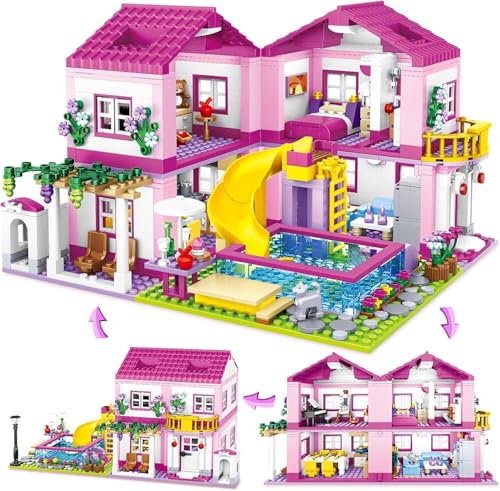 QLT QIAOLETONG Friends Pink Sommer Villa Klemmbausteinen Haus Konstruktionsspielzeug，kompatibel mit Lego Friends Mädchen Haus Geschenk für Mädchen 8–18 und Erwachsene Liebhaber von Baust 1523PCS von QLT QIAOLETONG