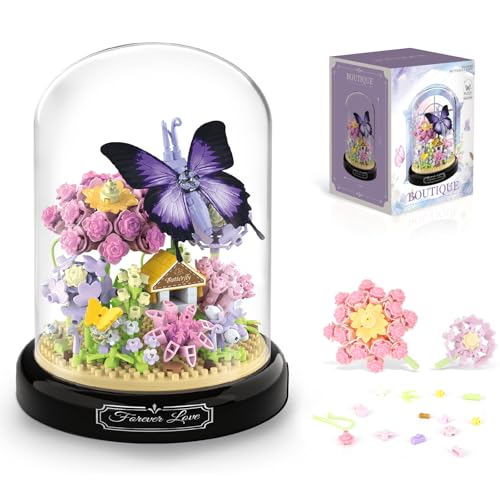 QLT QIAOLETONG Mikro Baustein Set Lila Schmetterlingsblume mit staubdichter Kuppel und Sockel, Blumen und Insekten Klemmbausteine, Geschenk für Mädchen ab 6 Jahren (582 PCS) von QLT QIAOLETONG