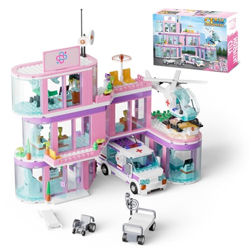 QLT QIAOLETONG Rosa Mädchen City Krankenhaus Baustein Set, Kompatibel mit Lego, inklusive Rettungs Hubschrauber, Anhänger und Trage, STEM Geschenke für 6-12+ Jahre alte Jungen Mädchen(791 pcs) von QLT QIAOLETONG