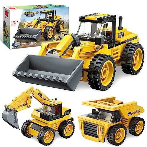 QLT QIAOLETONG Technik LKW Creator 3 in 1 Bausteine für Kinder Klemmbausteine City Bulldozer Muldenkipper Bagger Baustelle LKW Spielzeug Geschenk für Technik ab 4-8+ Jahre (203PCS) von QLT QIAOLETONG