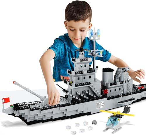 QLT WW2 Military Schiff Klemmbausteine Bausteine,City Boot Geschenke für Erwachsene ab 8-18 Jungen Jahren WW2 Großes Cruiser Spielzeug mit Helikopter und Stadtrettungsboot 910PCS von QLT QIAOLETONG