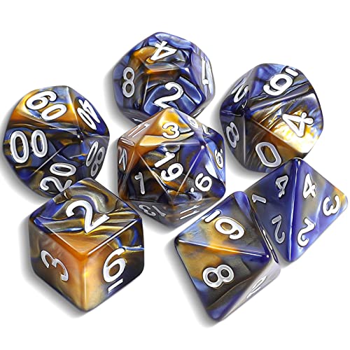 QMAY DND Dice Polyedrisches Würfel Set - 7 Stück für Dungeon und Dragons MTG RPG D&D D20, D12, D10, D%, D8, D6, D4 (Blau und Gelb) von QMay