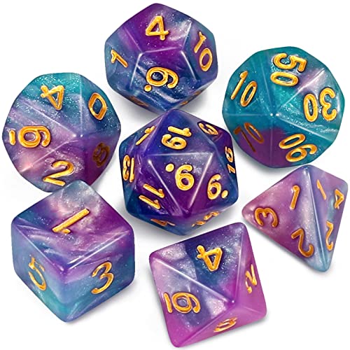 QMAY DND Dice Polyedrisches Würfel Set - 7 Stück für Dungeon und Dragons MTG RPG D&D D20, D12, D10, D%, D8, D6, D4 (Lake Blue Mix Violett+Glitter) von QMay