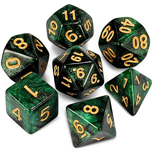 QMAY DND Dice Polyedrisches Würfel Set - 7 Stück für Dungeon und Dragons MTG RPG D&D D20, D12, D10, D%, D8, D6, D4 (Schwarz und Grün) von QMay