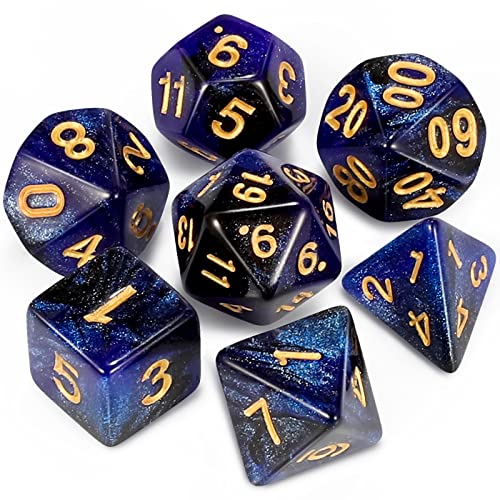 QMAY DND Dice Polyhedral Dice Set - 7 Pieces for Dungeon and Dragons MTG RPG D&D D20, D12, D10, D%, D8, D6, D4 (Blau gemischt mit Schwarz + Glitter) von QMay